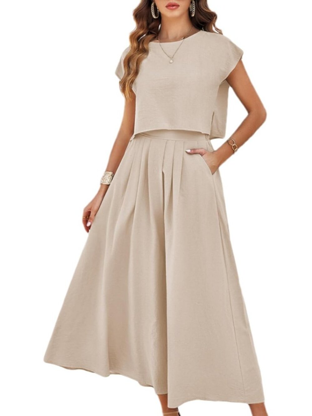 Women's Khaki Casual 2 Piece Outfits Crop Tops Cap Sleeve Waisted Maxi Dresses